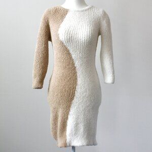 Generation K White and Tan Midi Long-Sleeve Fuzzy Cozy Sweater Dress Small